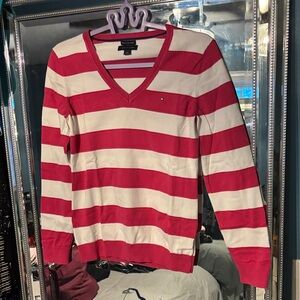 Pink and White Striped V-Neck Sweater